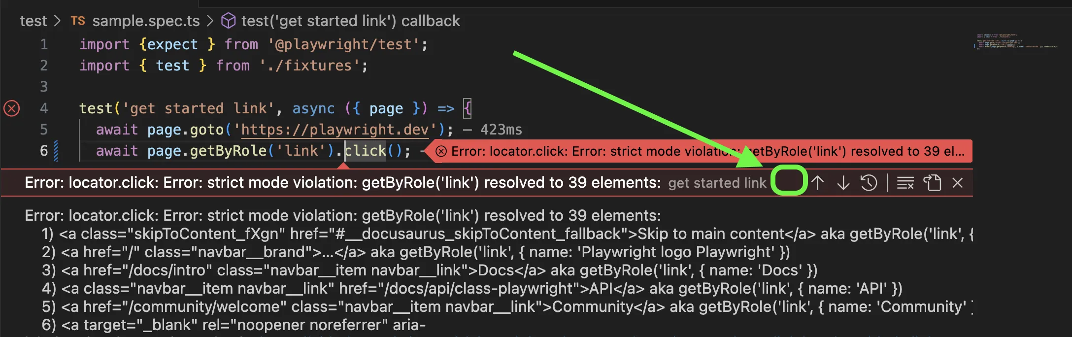 Potential place for "Fix with AI" button in Playwright VS Code extension