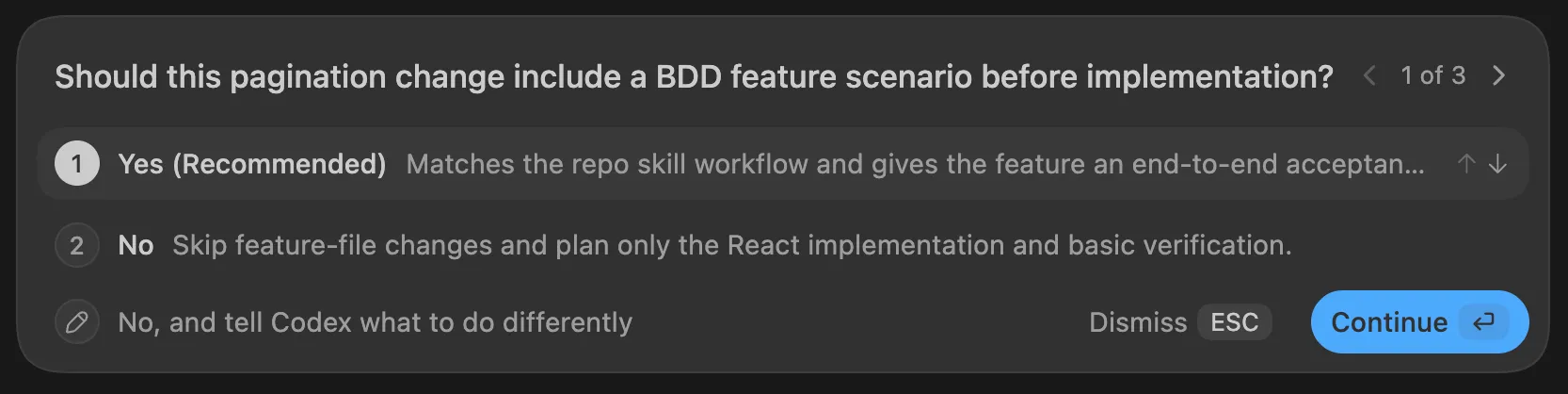 Codex asks whether the pagination change should include a BDD feature scenario