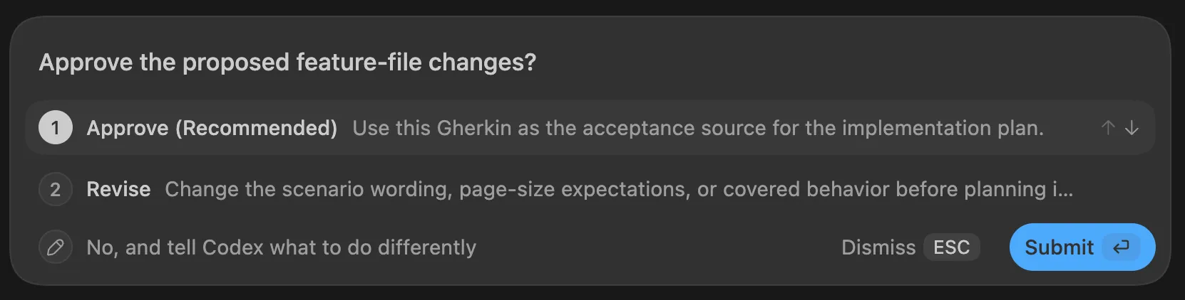 Codex asks to approve the proposed feature-file changes