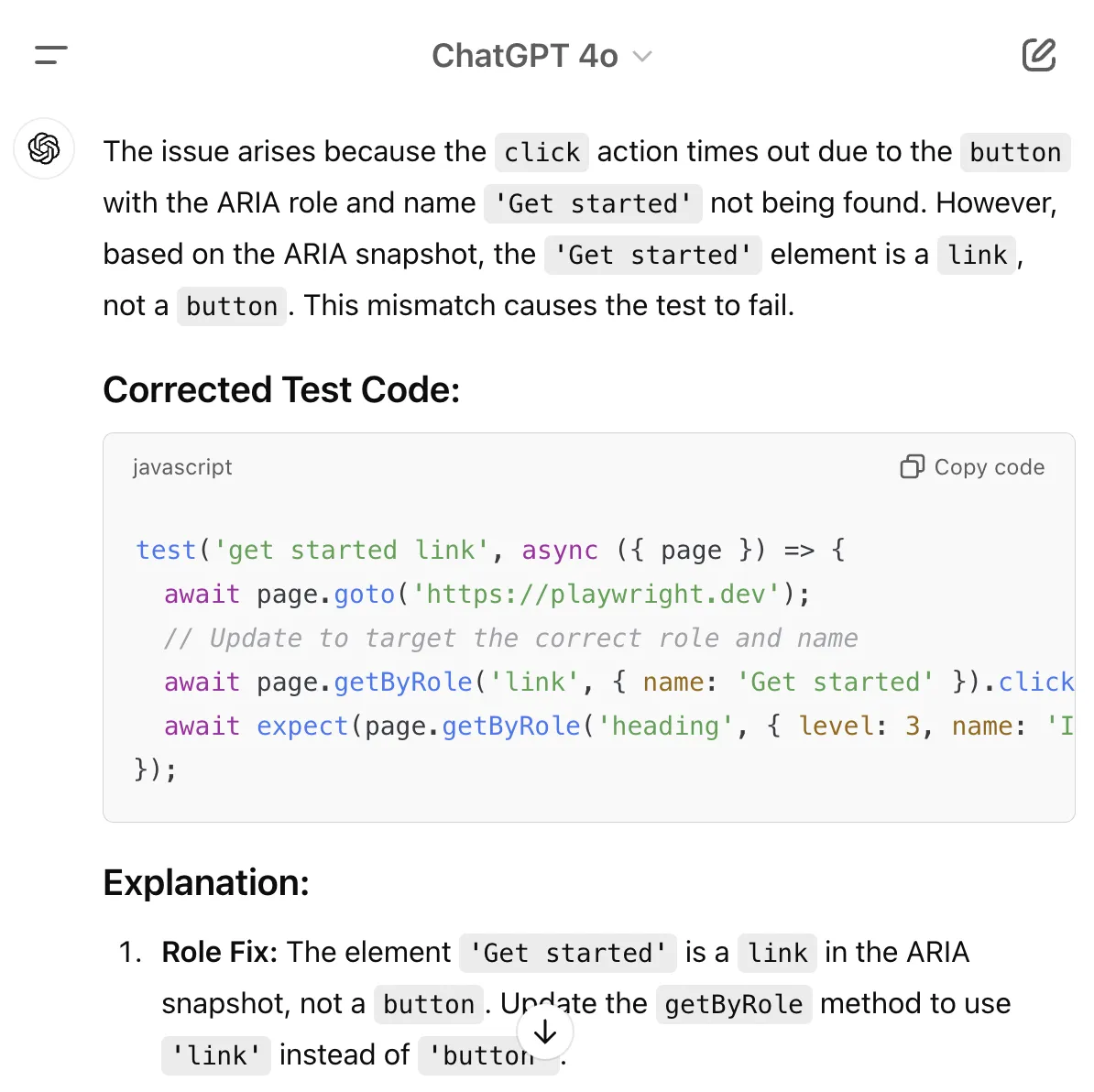 ChatGPT output for fixing the test