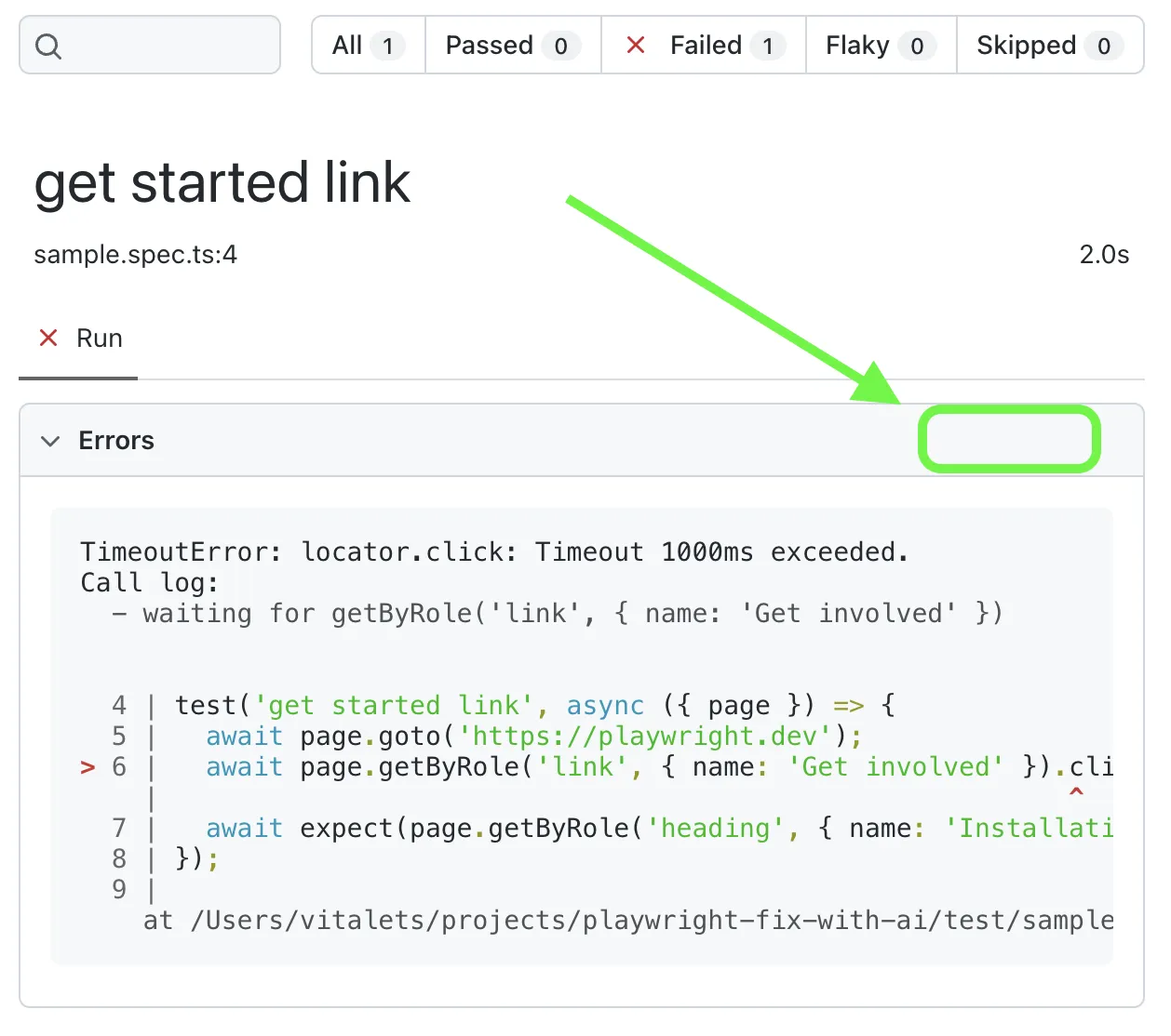Potential spot for a "Fix with AI" button in Playwright HTML report