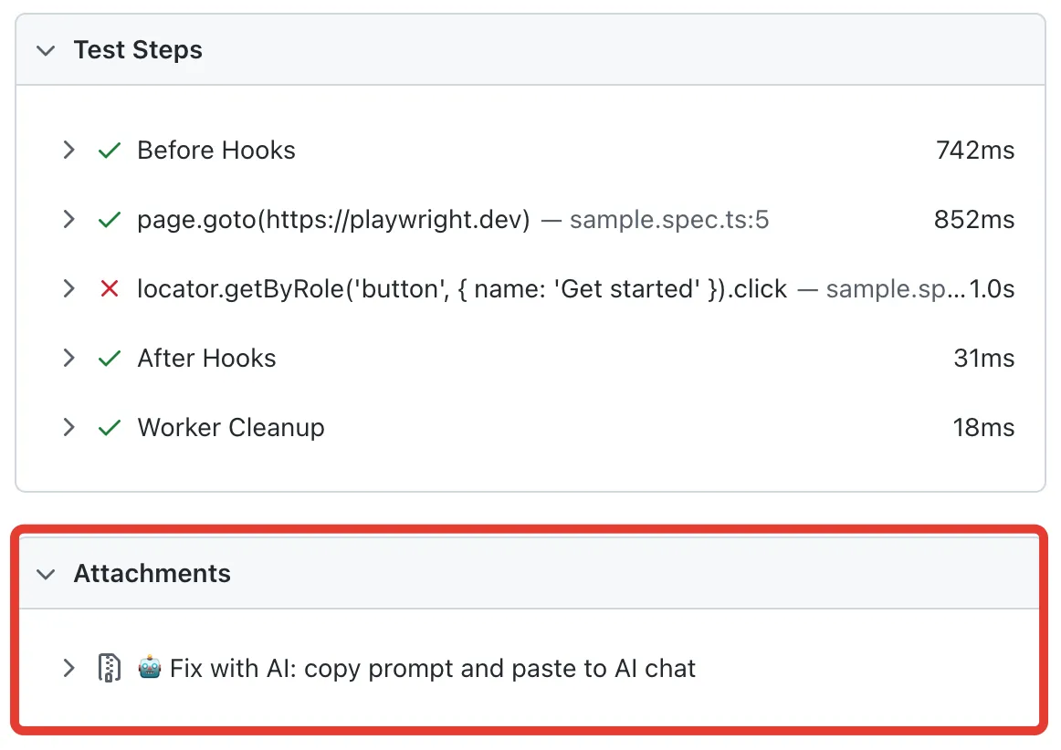 Playwright HTML report with AI prompt attachment