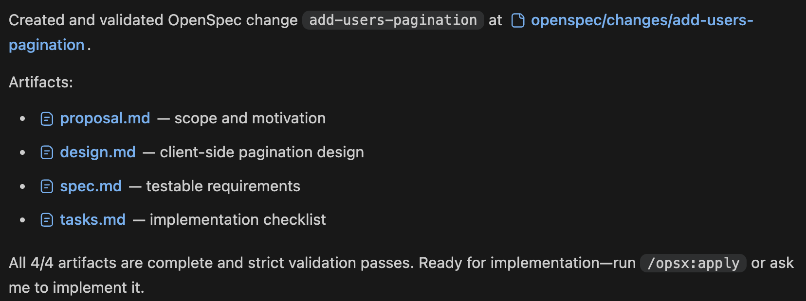 OpenSpec output listing proposal, design, spec, and task artifacts