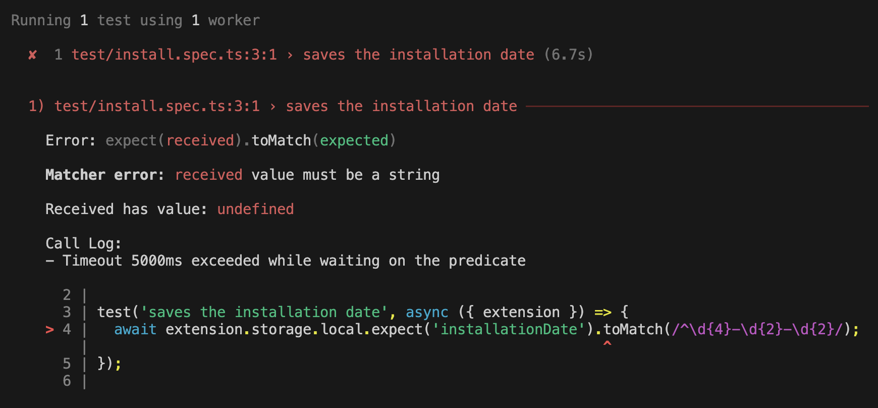 Installation test failing because installationDate is undefined in storage after a 5000 ms timeout