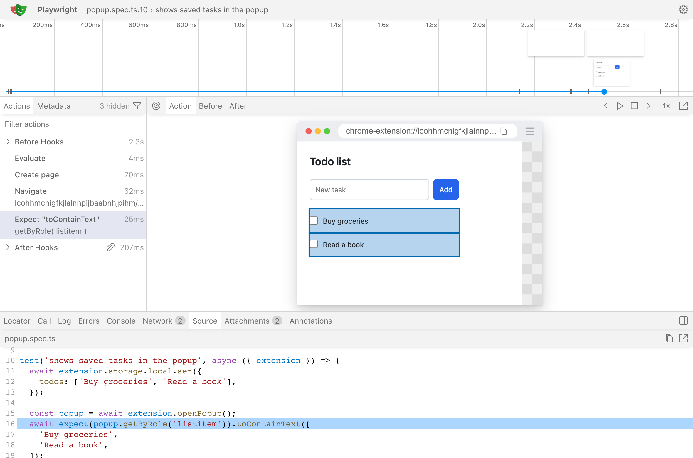 Playwright Trace Viewer showing the popup with Buy groceries and Read a book at the toContainText assertion