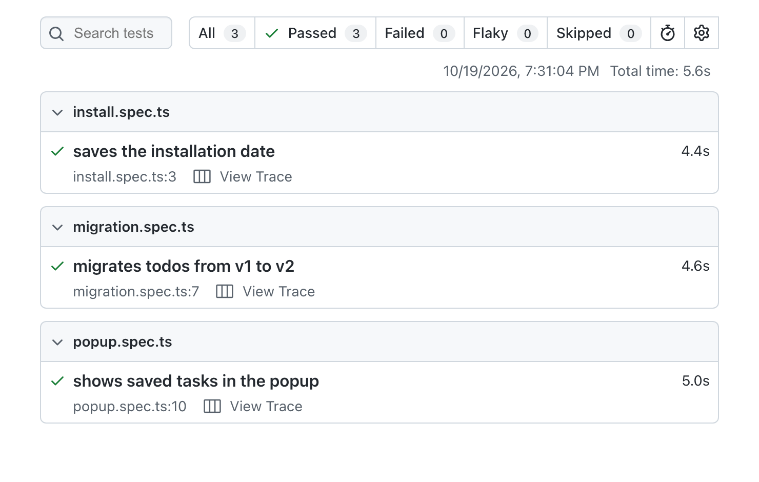 Playwright HTML report showing three passed tests for installation, popup, and migration